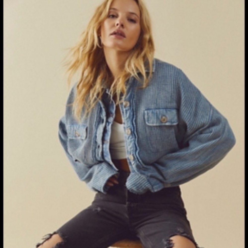 Free People FP ONE Scout Cropped Waffle Knit Thermal Top Shacket Shirt